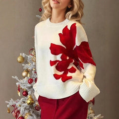 Christmas 3D Floral Contrast Color Crewneck Personalized Sweater