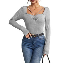 Women's Minimalist Design Square Neck T-shirt Slim And Versatile Autumn And Winter Base Layer